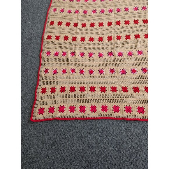 Hand Made Crochet Knit Afghan Throw Lap Blanket 64" x 60" Tan Pink Red - Picture 3 of 6